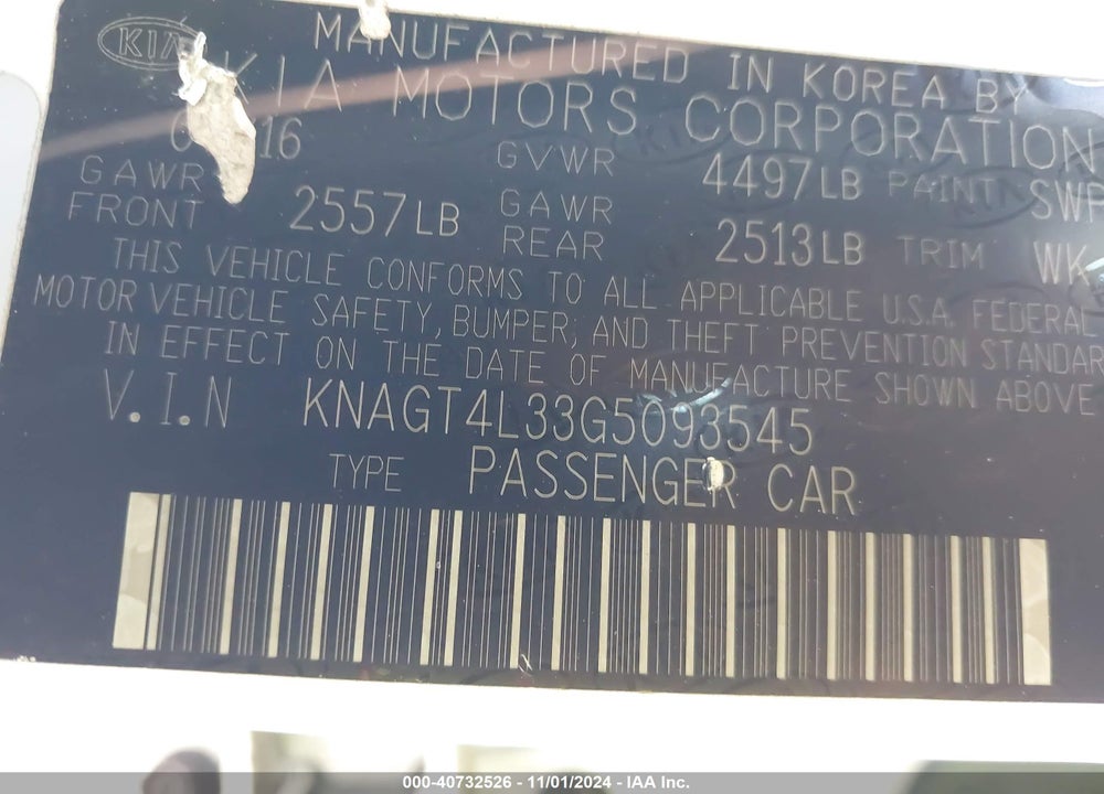 2016 KIA OPTIMA LX VIN: KNAGT4L33G5093545