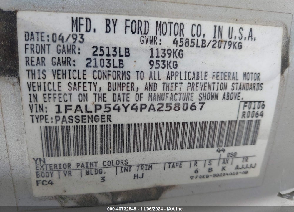 1993 FORD TAURUS SHO VIN: 1FALP54Y4PA258067