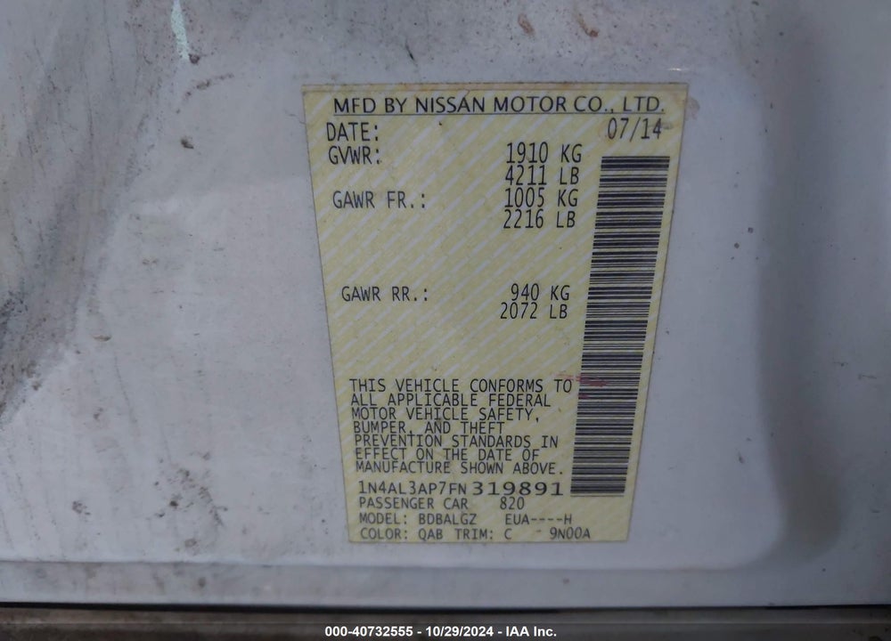2015 NISSAN ALTIMA 2.5 S VIN: 1N4AL3AP7FN319891