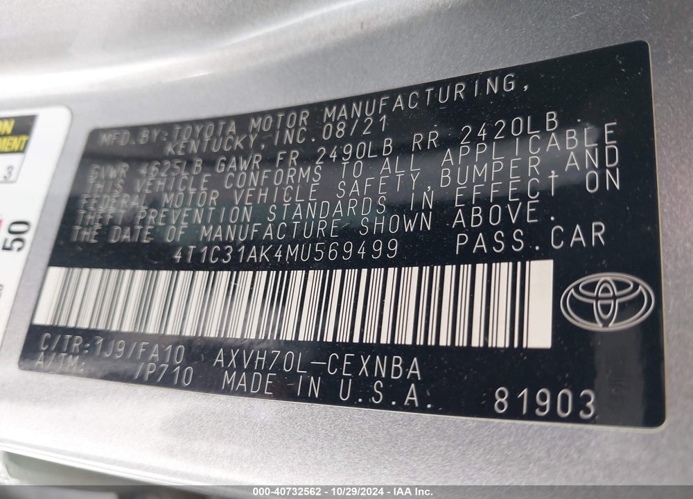 2021 TOYOTA CAMRY LE HYBRID VIN: 4T1C31AK4MU569499