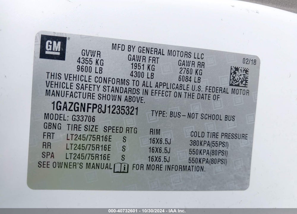 2018 CHEVROLET EXPRESS 3500 LS VIN: 1GAZGNFP8J1235321