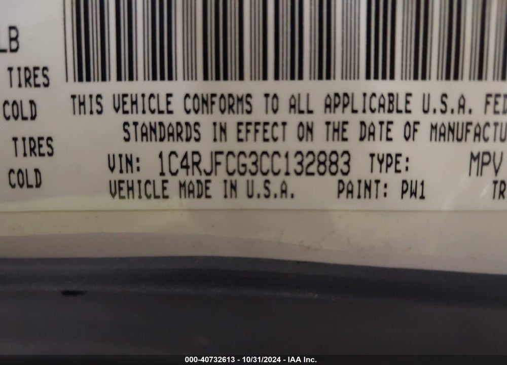 2012 JEEP GRAND CHEROKEE OVERLAND VIN: 1C4RJFCG3CC132883