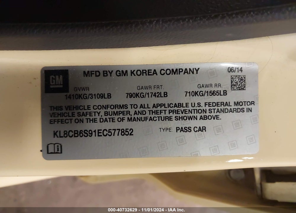 2014 CHEVROLET SPARK LS AUTO VIN: KL8CB6S91EC577852