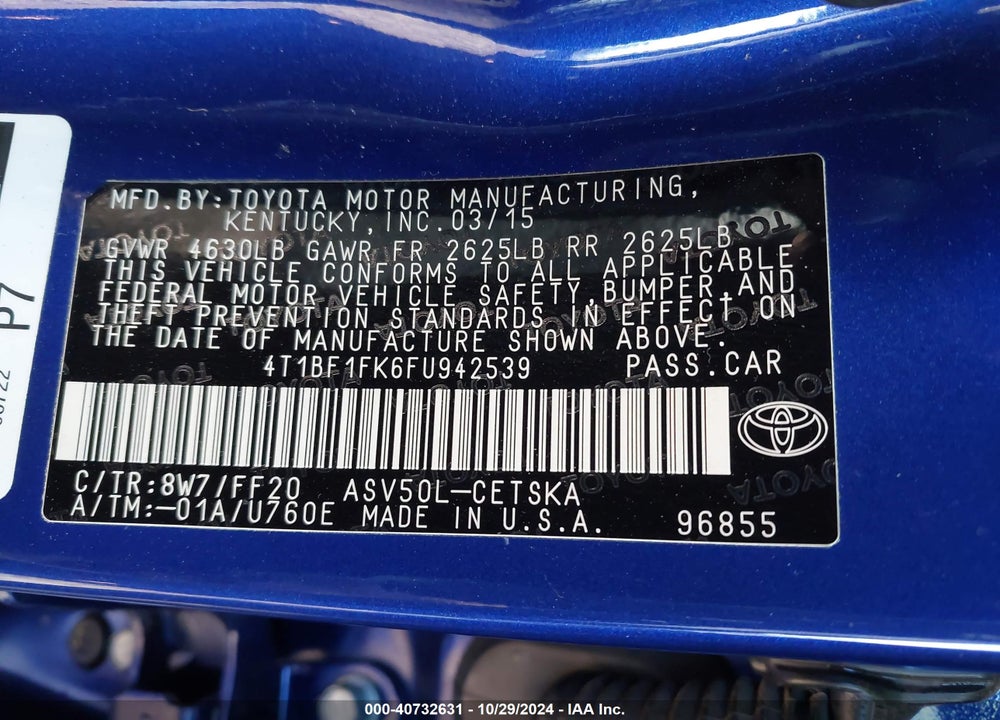 2015 TOYOTA CAMRY SE VIN: 4T1BF1FK6FU942539