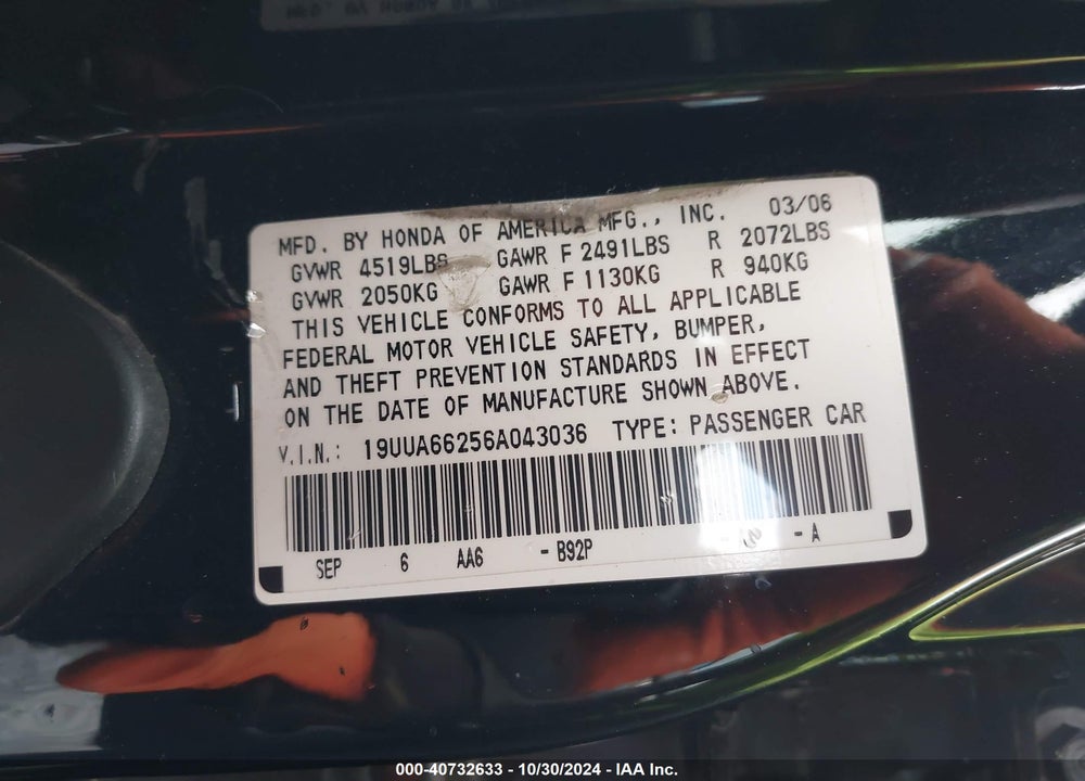 2006 ACURA TL VIN: 19UUA66256A043036
