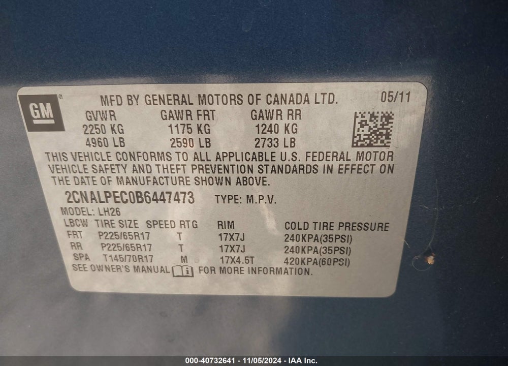 2011 CHEVROLET EQUINOX 2LT VIN: 2CNALPEC0B6447473