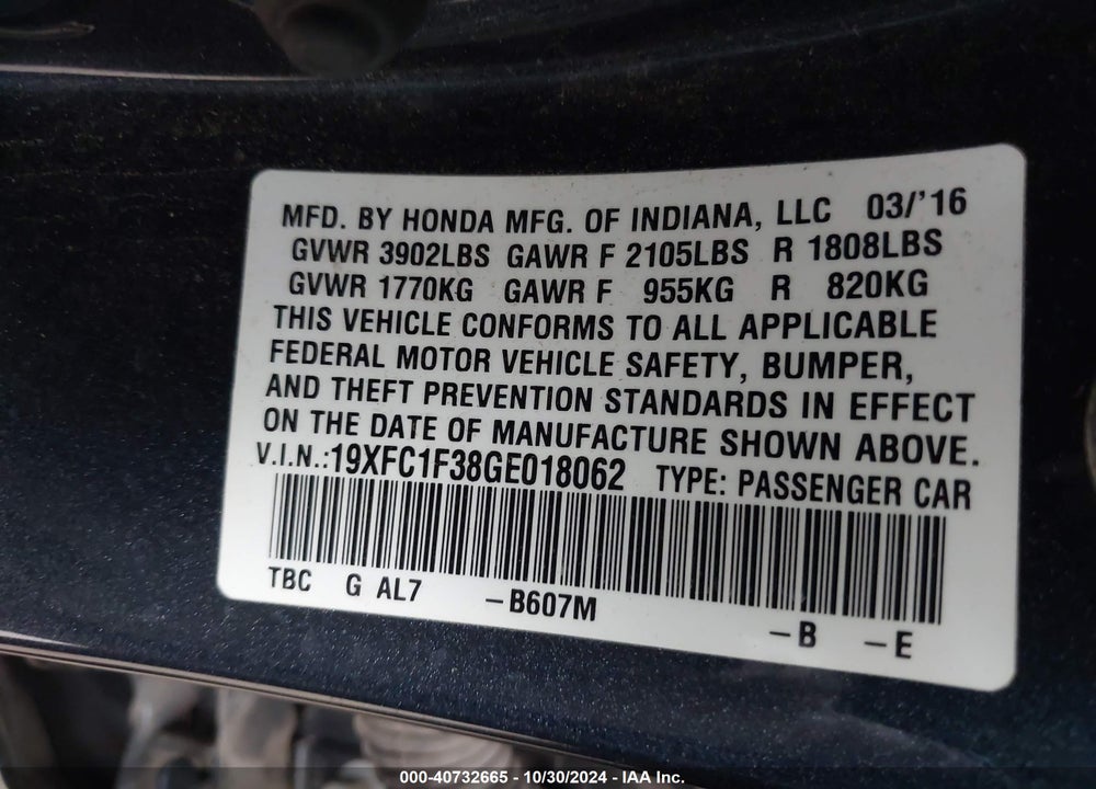 2016 HONDA CIVIC EX-T VIN: 19XFC1F38GE018062
