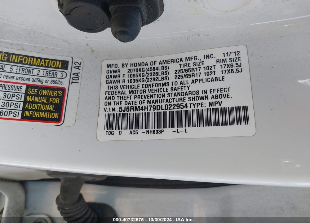 2013 HONDA CR-V EX-L VIN: 5J6RM4H79DL022954
