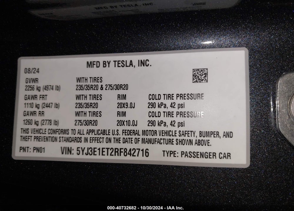 2024 TESLA MODEL 3 PERFORMANCE ALL-WHEEL DRIVE VIN: 5YJ3E1ET2RF842716