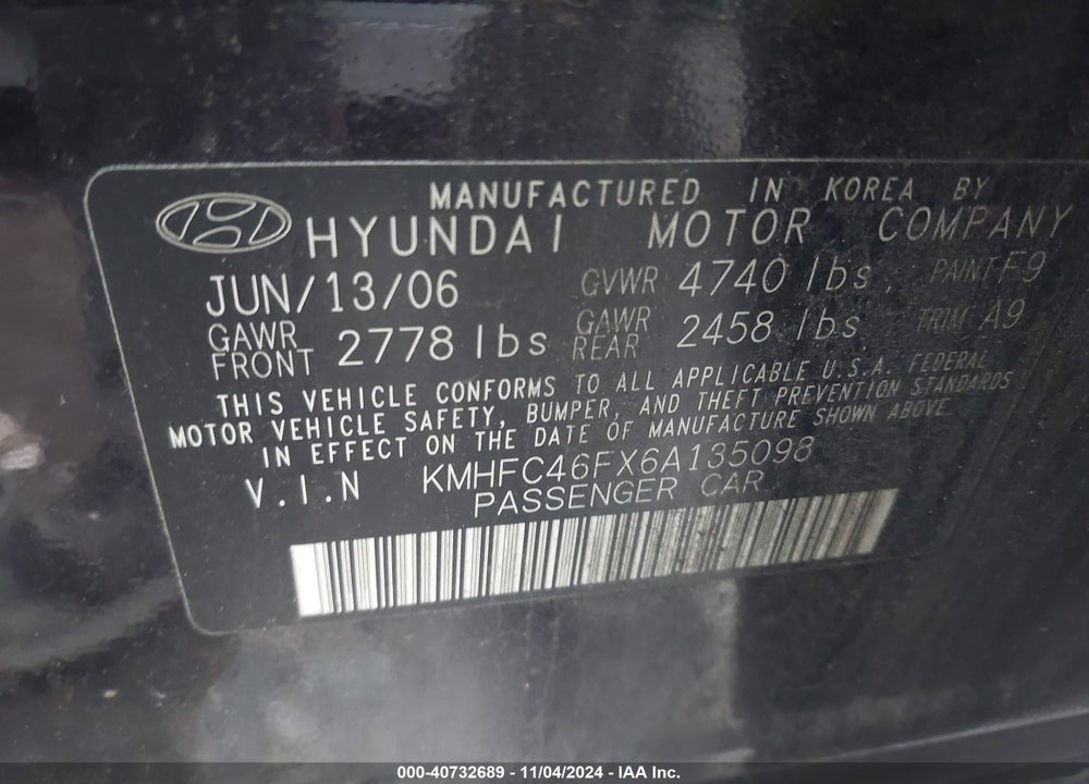 2006 HYUNDAI AZERA LIMITED/SE VIN: KMHFC46FX6A135098