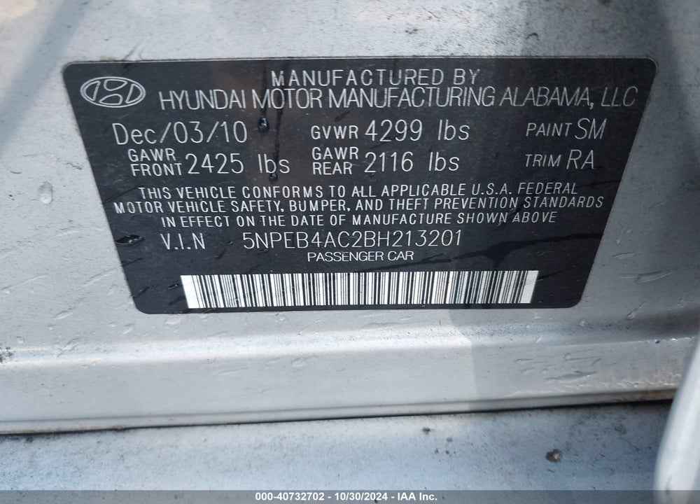2011 HYUNDAI SONATA GLS VIN: 5NPEB4AC2BH213201