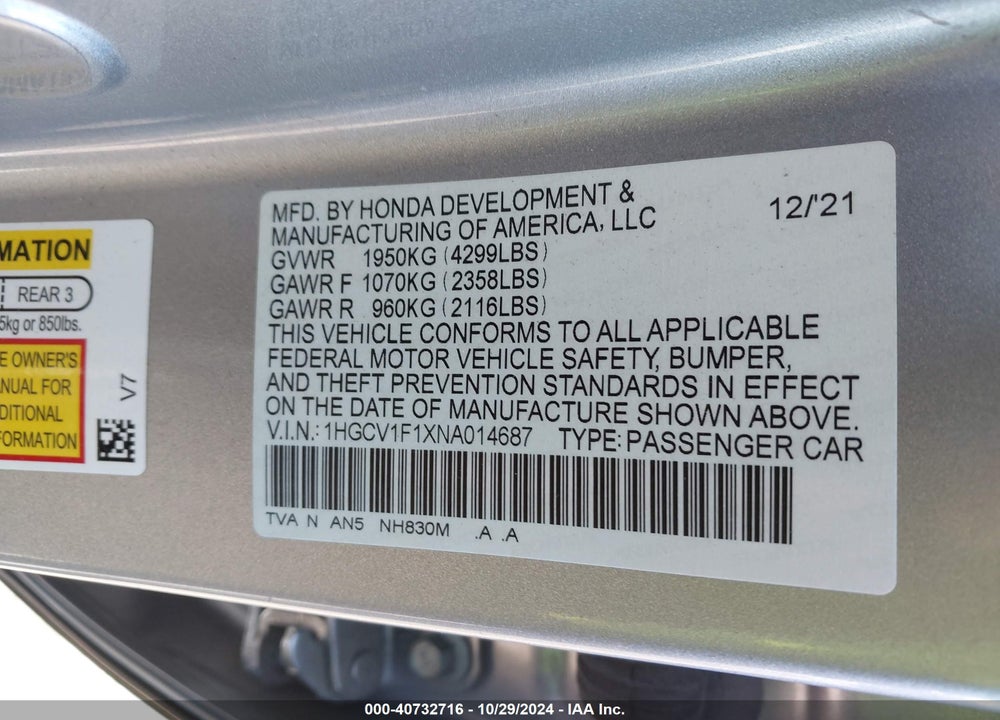 2022 HONDA ACCORD LX VIN: 1HGCV1F1XNA014687