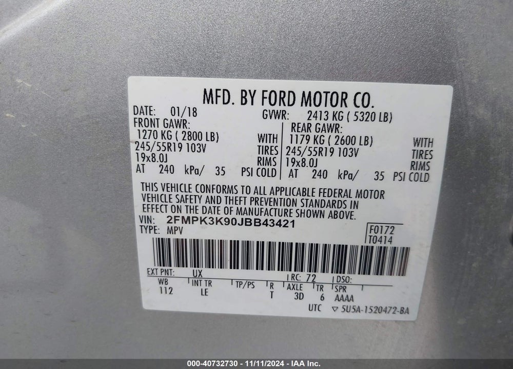 2018 FORD EDGE TITANIUM VIN: 2FMPK3K90JBB43421