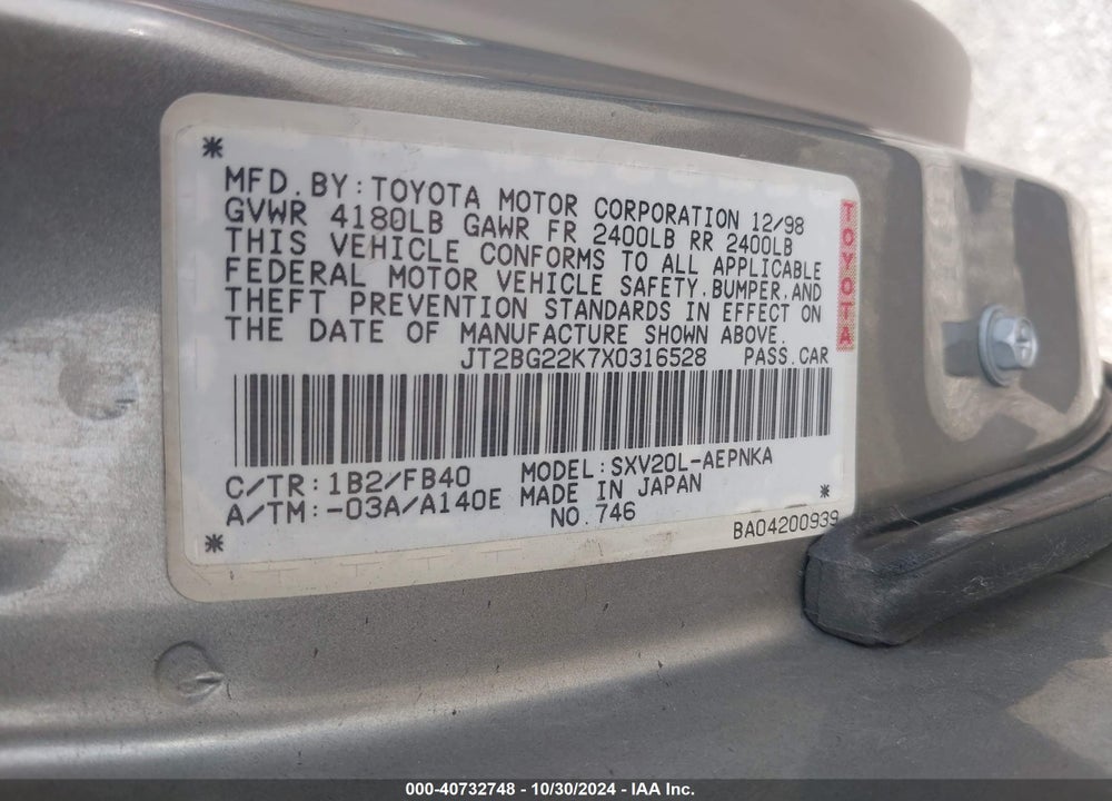 1999 TOYOTA CAMRY LE VIN: JT2BG22K7X0316528