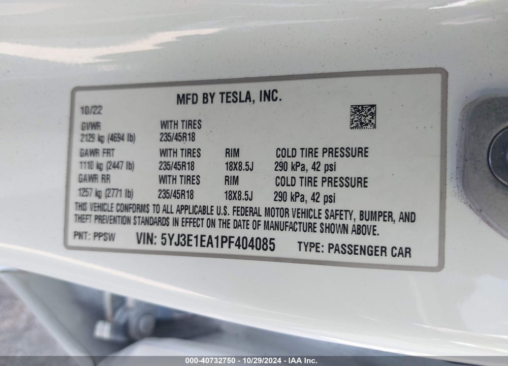 2023 TESLA MODEL 3 REAR-WHEEL DRIVE VIN: 5YJ3E1EA1PF404085