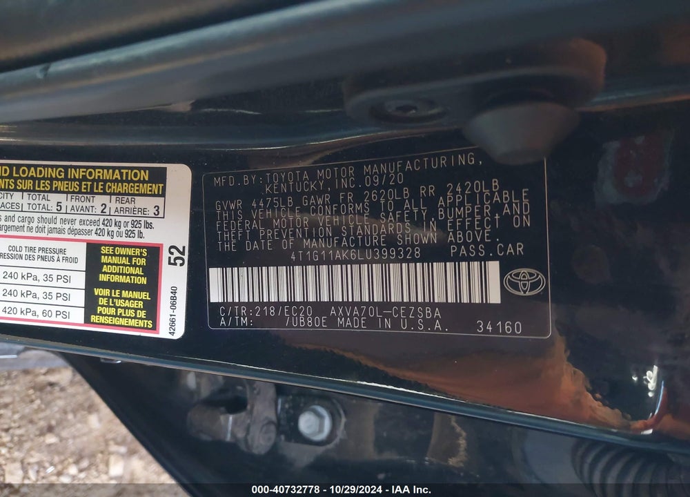 2020 TOYOTA CAMRY SE NIGHTSHADE EDITION VIN: 4T1G11AK6LU399328
