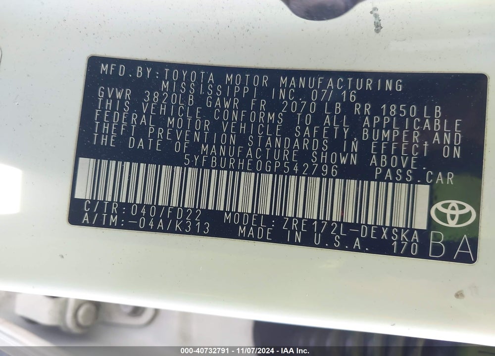 2016 TOYOTA COROLLA S PLUS VIN: 5YFBURHE0GP542796