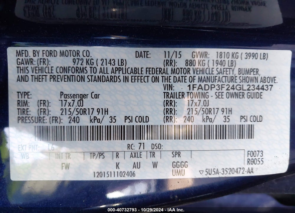2016 FORD FOCUS SE VIN: 1FADP3F24GL234437
