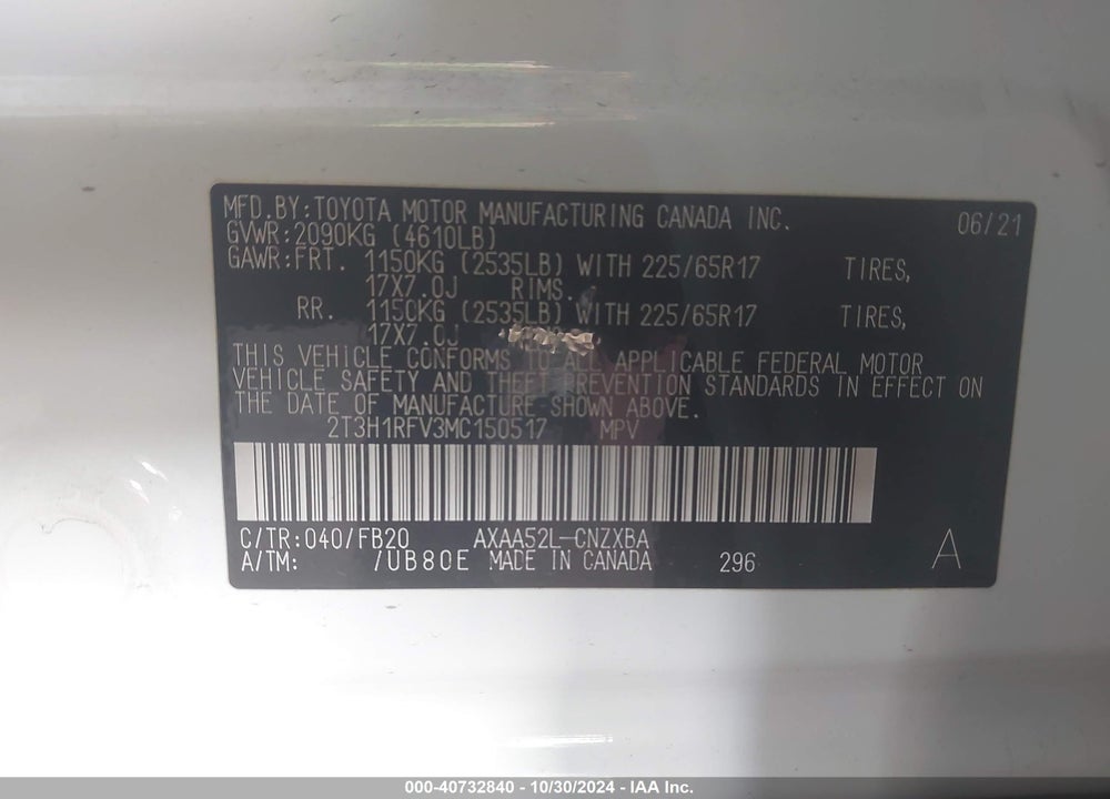 2021 TOYOTA RAV4 LE VIN: 2T3H1RFV3MC150517