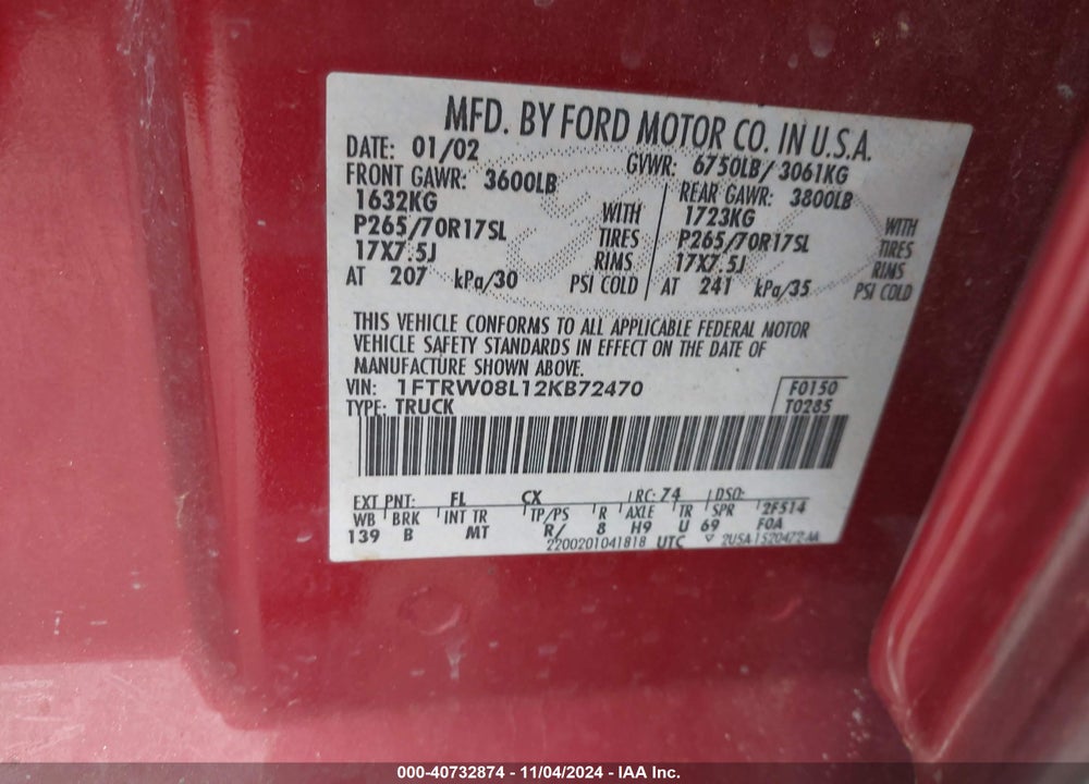 2002 FORD F-150 LARIAT/XLT VIN: 1FTRW08L12KB72470