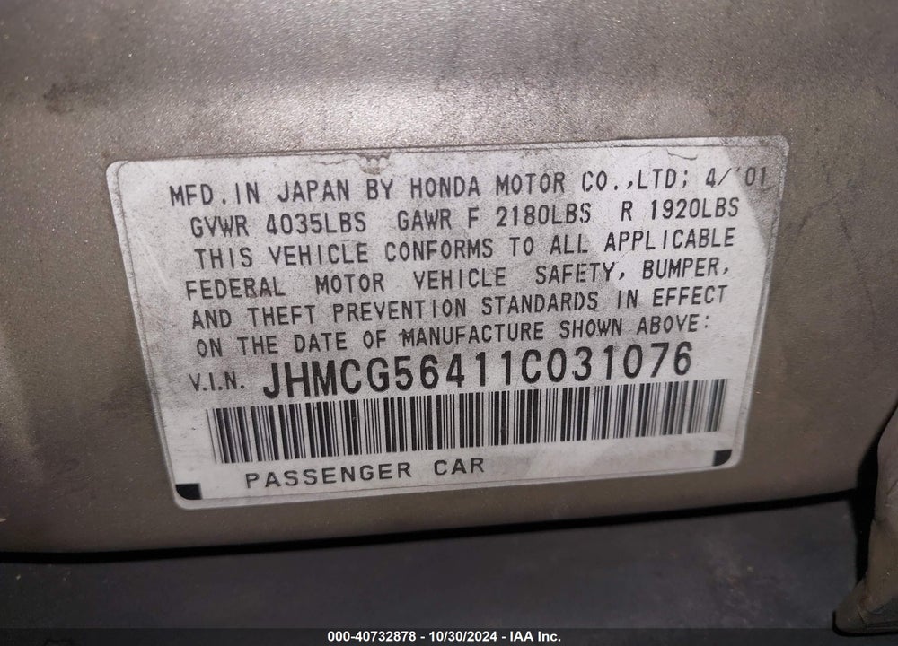 2001 HONDA ACCORD 2.3 LX VIN: JHMCG56411C031076