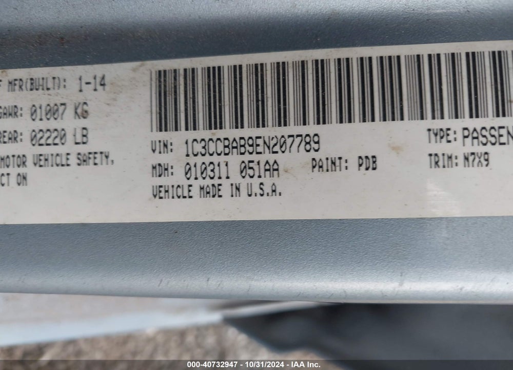 2014 CHRYSLER 200 LX VIN: 1C3CCBAB9EN207789
