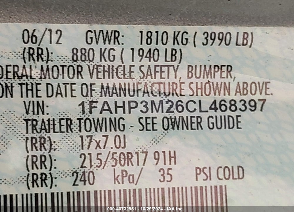 2012 FORD FOCUS SEL VIN: 1FAHP3M26CL468397