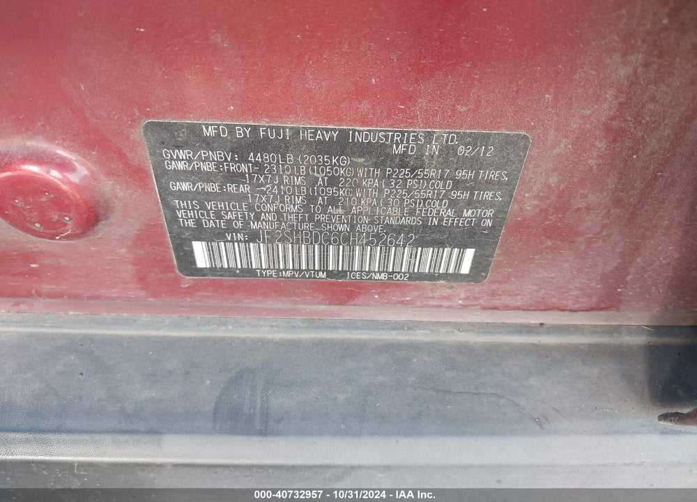 2012 SUBARU FORESTER 2.5X PREMIUM VIN: JF2SHBDC6CH452642