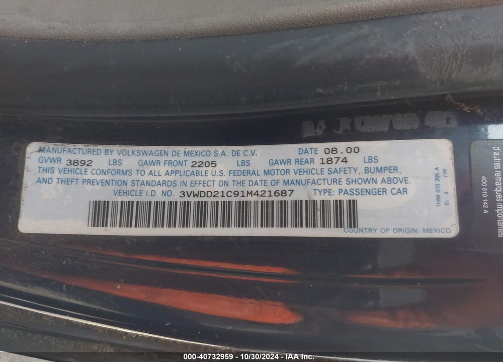 2001 VOLKSWAGEN NEW BEETLE GLX VIN: 3VWDD21C91M421687