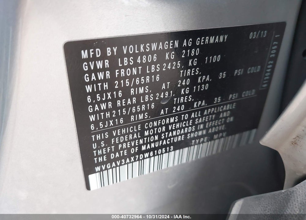 2013 VOLKSWAGEN TIGUAN S VIN: WVGAV3AX7DW610513