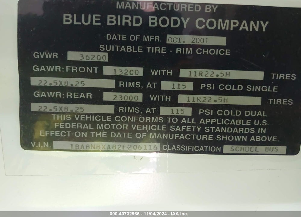 2002 BLUE BIRD SCHOOL BUS / TRANSIT BUS VIN: 1BABNBXA82F206116