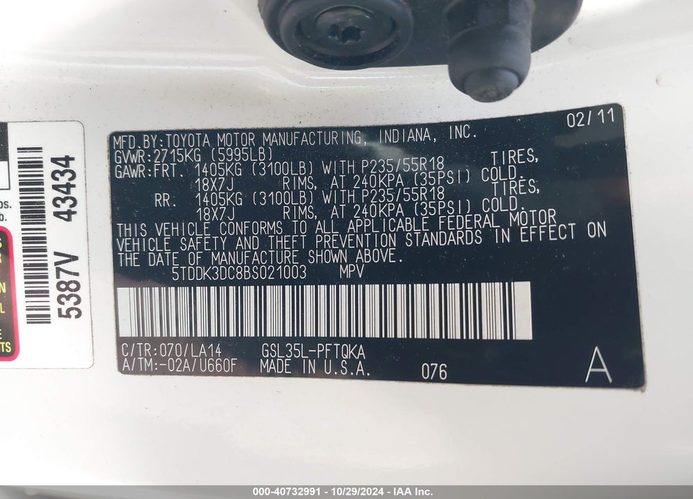 2011 TOYOTA SIENNA XLE LIMITED VIN: 5TDDK3DC8BS021003