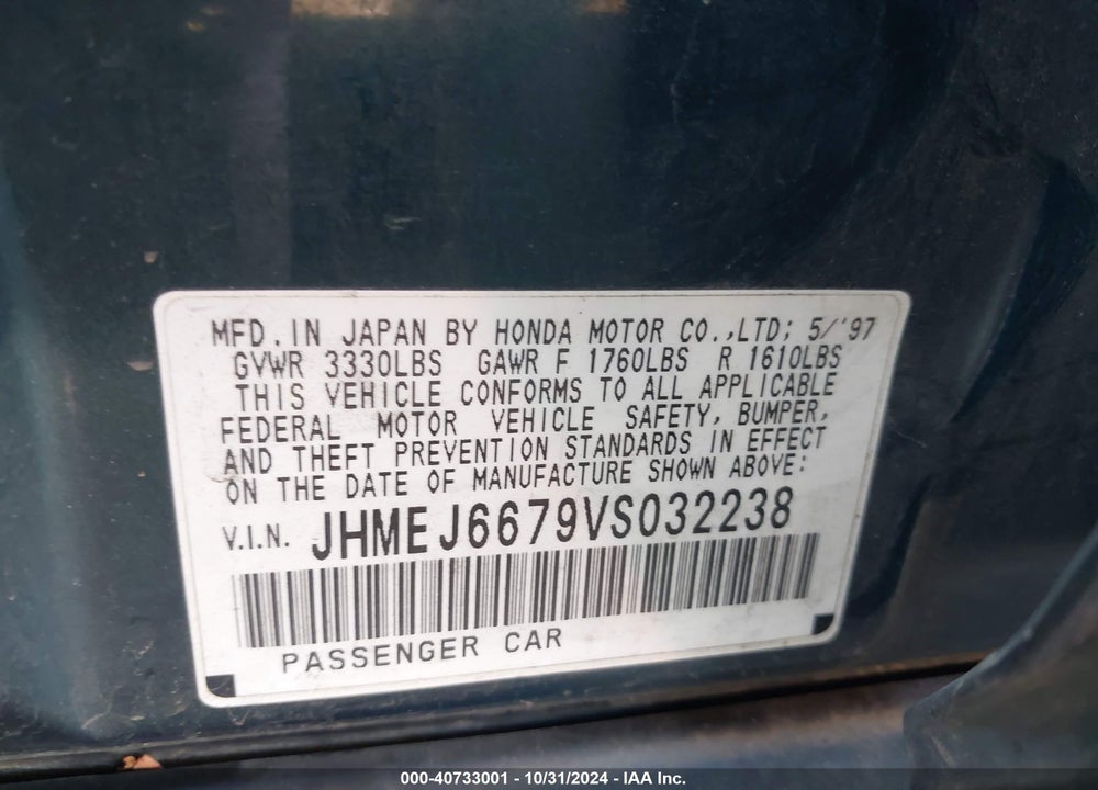 1997 HONDA CIVIC LX VIN: JHMEJ6679VS032238