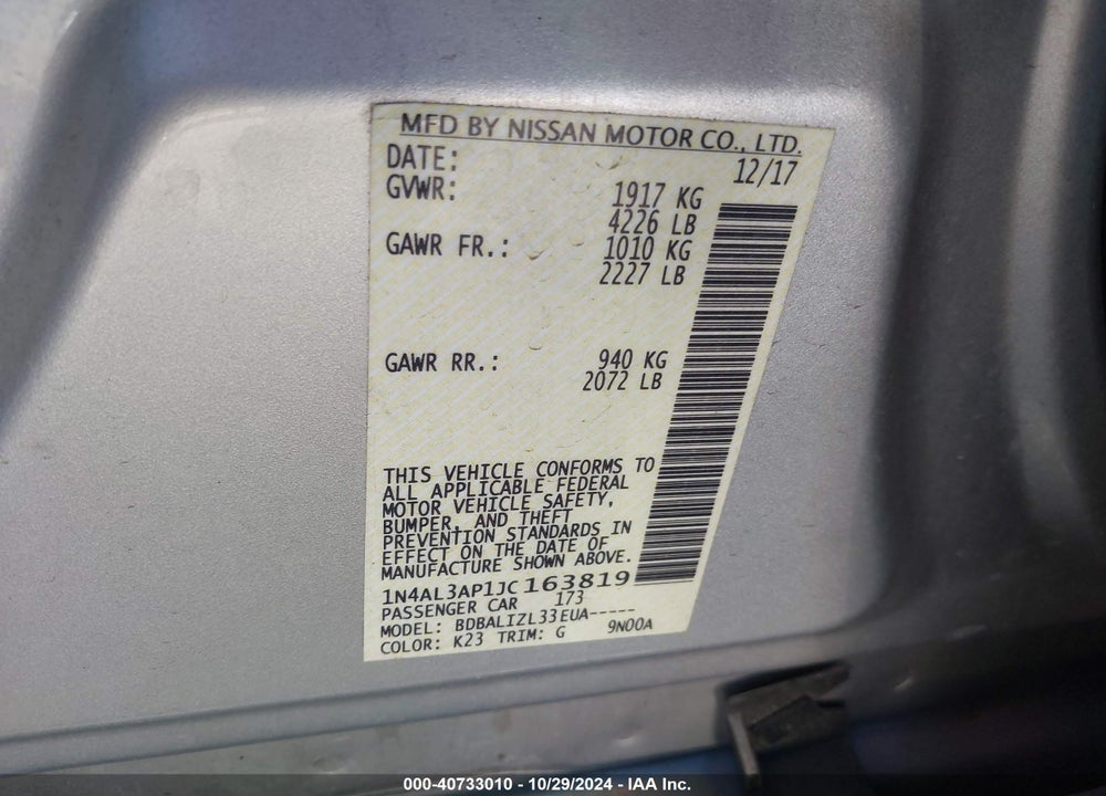 2018 NISSAN ALTIMA 2.5 SV VIN: 1N4AL3AP1JC163819