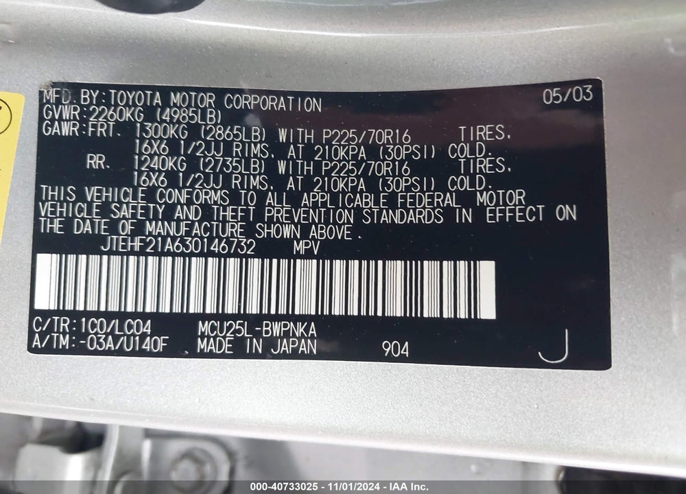 2003 TOYOTA HIGHLANDER LIMITED V6 VIN: JTEHF21A630146732