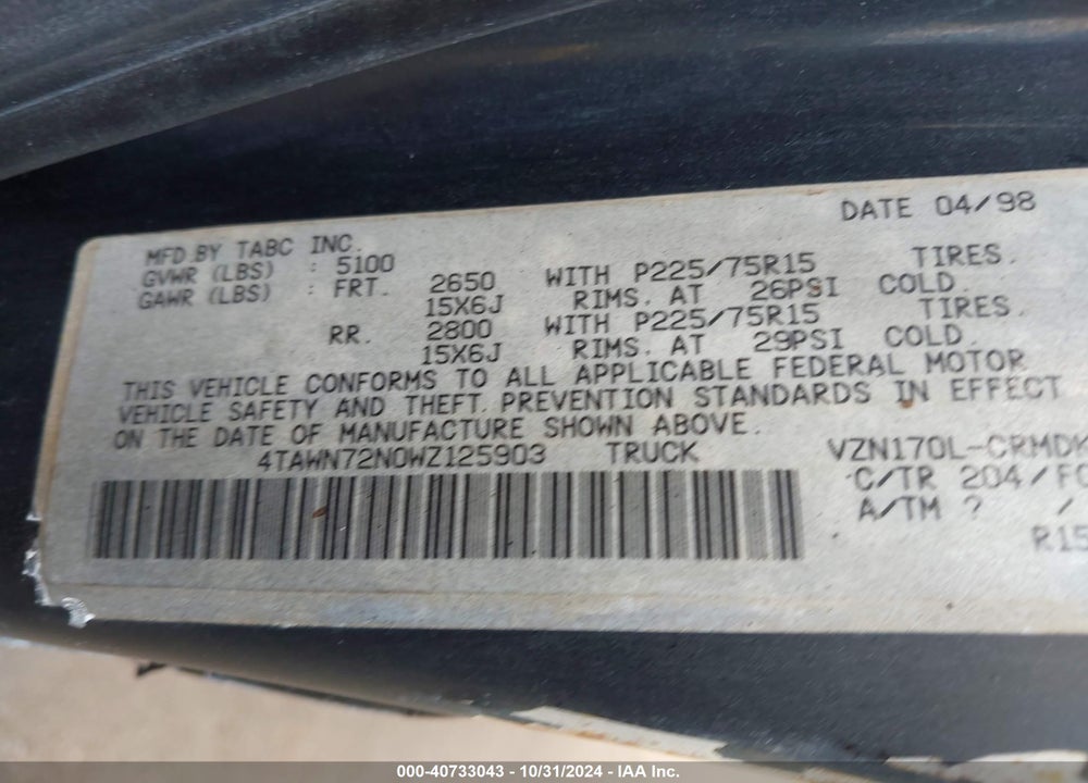 1998 TOYOTA TACOMA BASE V6 VIN: 4TAWN72N0WZ125903