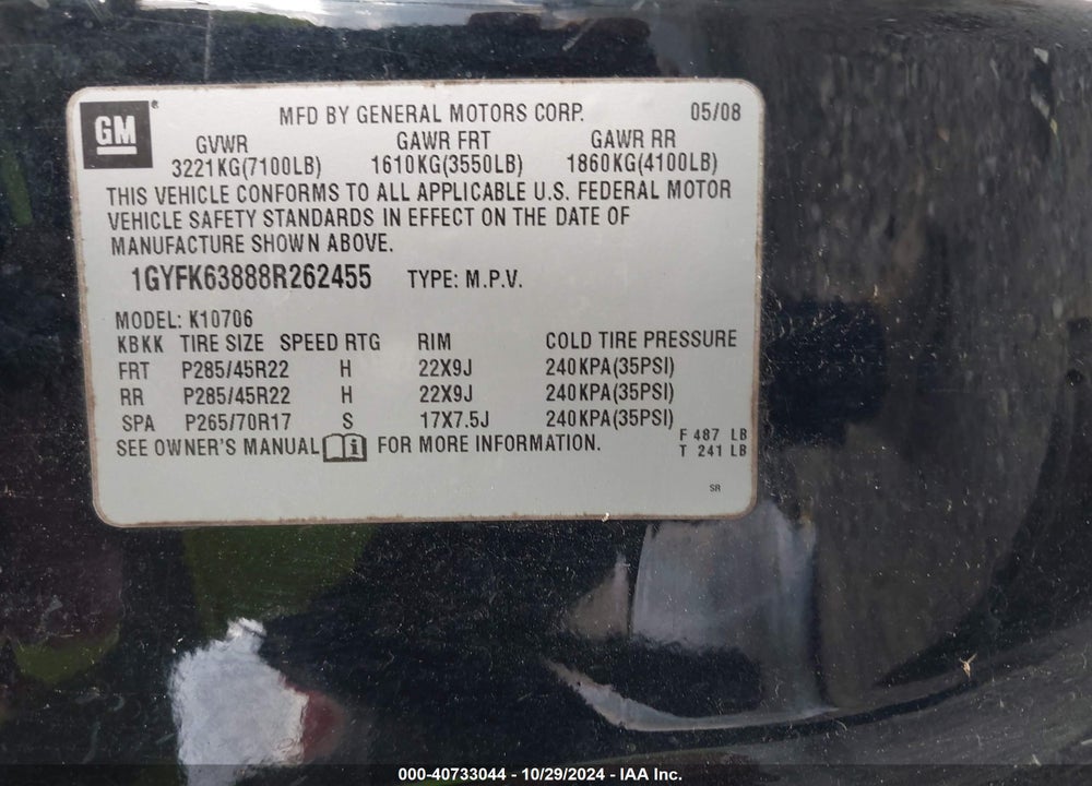 2008 CADILLAC ESCALADE STANDARD VIN: 1GYFK63888R262455