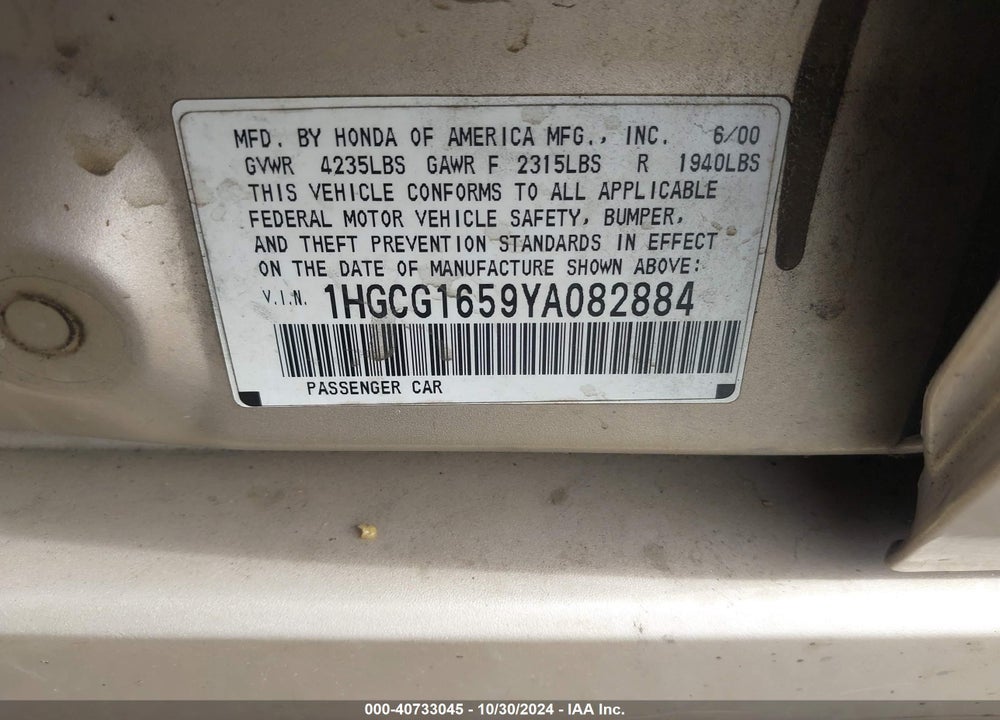 2000 HONDA ACCORD 3.0 EX VIN: 1HGCG1659YA082884