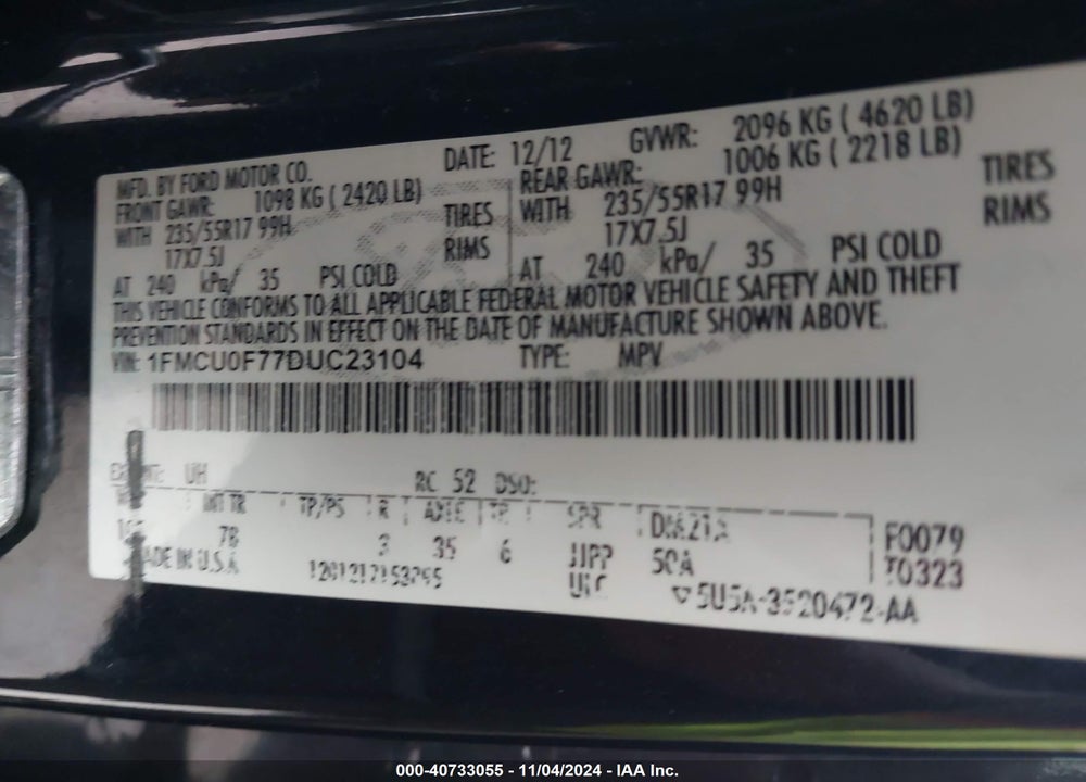 2013 FORD ESCAPE S VIN: 1FMCU0F77DUC23104