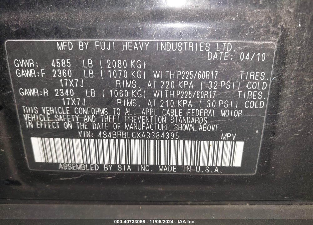 2010 SUBARU OUTBACK 2.5I LIMITED VIN: 4S4BRBLCXA3384395