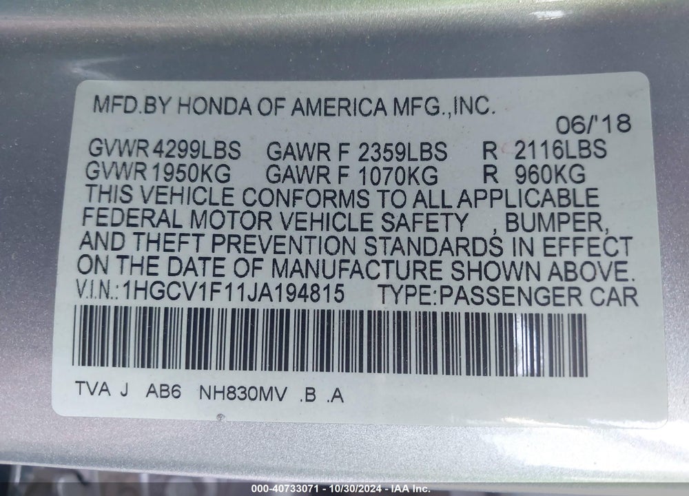 2018 HONDA ACCORD LX VIN: 1HGCV1F11JA194815