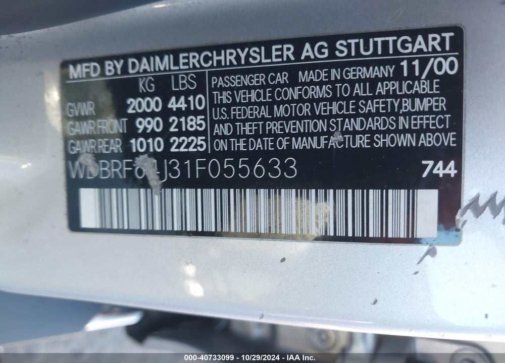 2001 MERCEDES-BENZ C 320 VIN: WDBRF64J31F055633