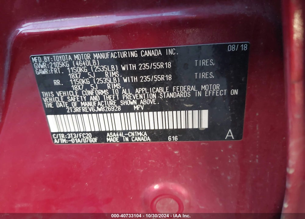 2018 TOYOTA RAV4 ADVENTURE/XLE VIN: 2T3RFREV6JW826928