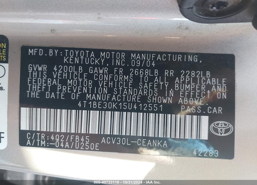 2005 TOYOTA CAMRY LE VIN: 4T1BE30K15U412551