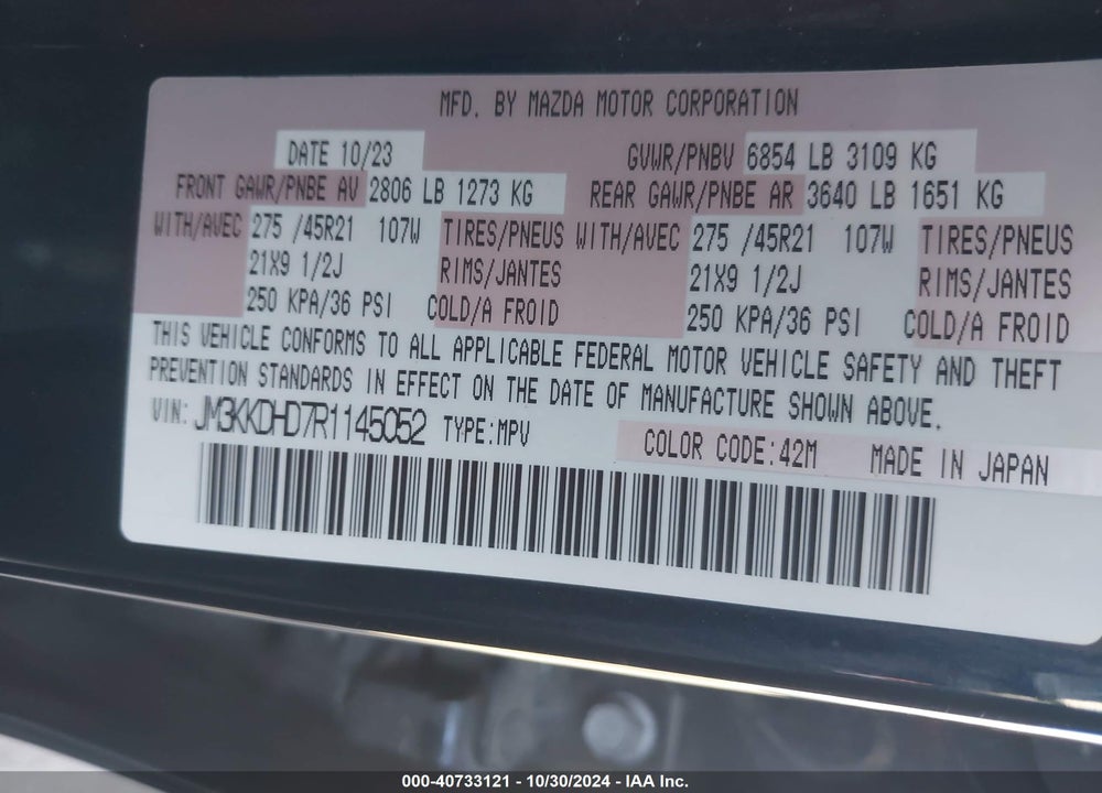 2024 MAZDA CX-90 3.3 TURBO PREMIUM VIN: JM3KKDHD7R1145052