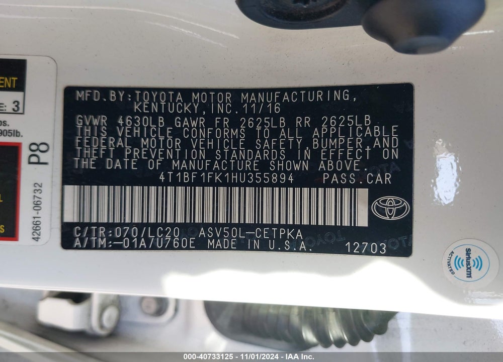 2017 TOYOTA CAMRY XSE VIN: 4T1BF1FK1HU355894