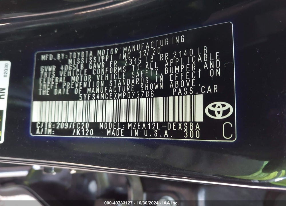 2021 TOYOTA COROLLA SE VIN: 5YFS4MCEXMP073786