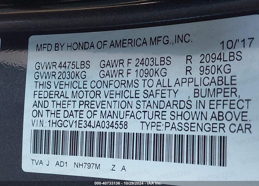 2018 HONDA ACCORD SPORT VIN: 1HGCV1E34JA034558