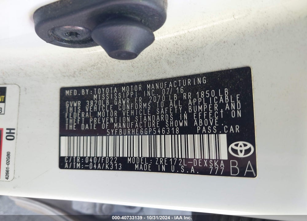 2016 TOYOTA COROLLA S PLUS VIN: 5YFBURHE6GP546318