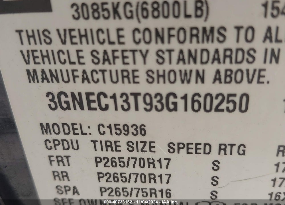 2003 CHEVROLET AVALANCHE 1500 VIN: 3GNEC13T93G160250